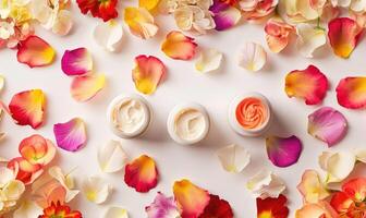 ai gerado três creme jarra em branco maquetes aninhado no meio delicado flor pétalas em uma branco fundo foto