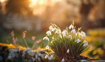 ai gerado snowdrops florescendo dentro floresta, fechar-se visualizar, bokeh luz foto