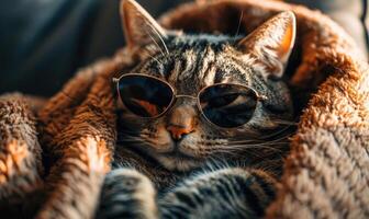 ai gerado fofa malhado gato dentro oculos de sol e caloroso xadrez em a cama. foto