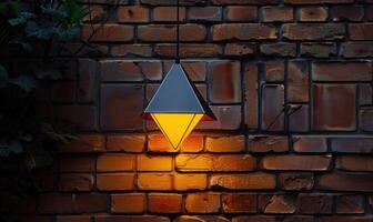 ai gerado decorativo luminária dentro a forma do uma pirâmide em uma tijolo parede foto