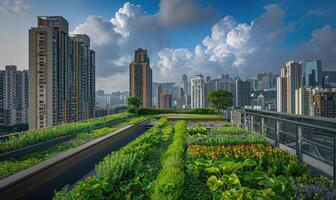 ai gerado urbano telhado jardim. moderno arranha-céus, Visão a partir de uma terraço. foto