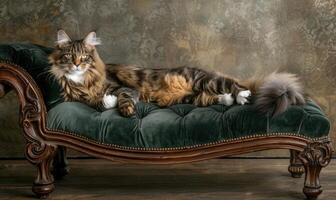 ai gerado maine coon gato posando elegantemente em uma veludo chaise salão foto