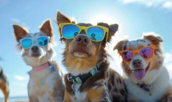 ai gerado cachorros com oculos de sol em ensolarado verão dia. cachorros dentro oculos escuros. viagem e turismo foto