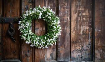 ai gerado snowdrops guirlanda em uma de madeira porta foto