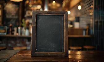 ai gerado esvaziar Preto quadro-negro em uma de madeira mesa dentro uma bar ou restaurante foto