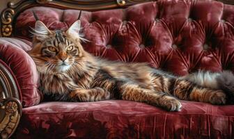 ai gerado maine coon gato com luxuoso pele reclinável em uma pelúcia veludo sofá foto