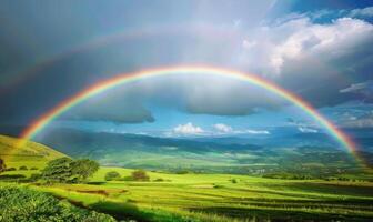 ai gerado arco Iris sobre uma campo panorama foto