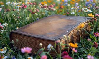 ai gerado velho livro deitado em uma gramíneo colina cercado de flores silvestres foto