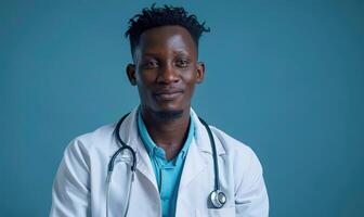 ai gerado africano americano masculino médico retrato com estetoscópio em azul fundo foto