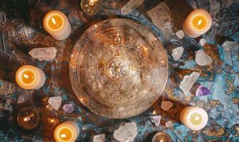 ai gerado antigo astrológico placa do zodíaco e queimando velas em uma Sombrio mármore fundo foto