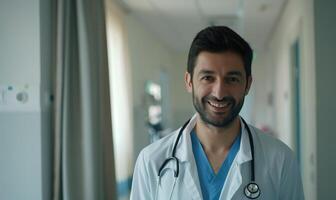 ai gerado retrato do sorridente masculino médico com estetoscópio em pé dentro hospital corredor. foto