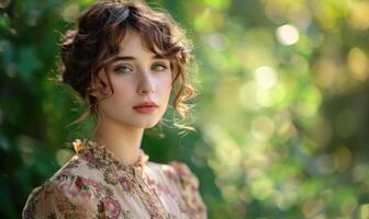 ai gerado retrato do lindo jovem mulher com encaracolado cabelo dentro vintage vestir. foto