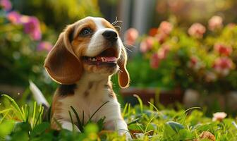 ai gerado feliz beagle cachorro com mole orelhas desfrutando uma ensolarado dia dentro a jardim foto