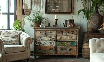 ai gerado interior do uma vivo quarto com vintage mobília, poltrona e plantas foto