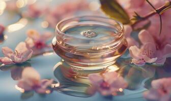 ai gerado cereja flores e natural Cosmético dentro vidro jarra em água superfície foto