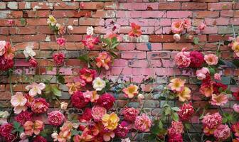 ai gerado vermelho e Rosa rosas em a velho tijolo parede fundo com cópia de espaço foto