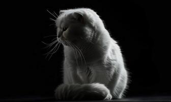 ai gerado estúdio retrato do uma régio branco escocês dobra gato em uma Sombrio fundo, espaço para texto foto