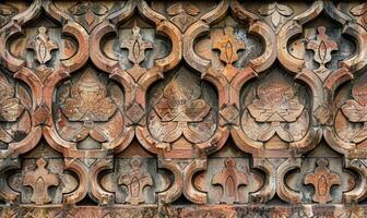 ai gerado fragmento do a fachada do a velho tijolo construção com uma decorativo ornamento. foto