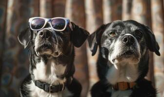 ai gerado dois Preto e branco cachorros com oculos de sol em uma fundo do cortinas. foto