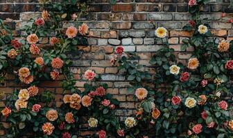 ai gerado lindo rosas em tijolo parede fundo com cópia de espaço. foto