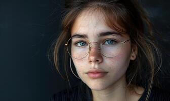 ai gerado fechar acima retrato do lindo jovem mulher com grandes cabelo e óculos. foto