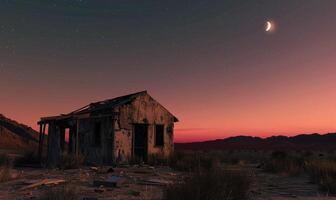 ai gerado abandonado casa dentro a deserto às pôr do sol. foto