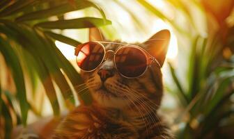 ai gerado fofa britânico cabelo curto gato dentro oculos de sol e Palma folha em ensolarado verão dia. foto
