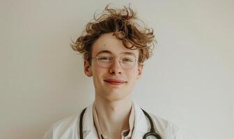 ai gerado retrato do uma jovem masculino médico com uma estetoscópio. foto