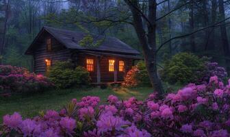 ai gerado tarde brilho iluminador a fachada do uma à moda de madeira cabine aninhado entre florescendo azaléias e rododendros dentro uma Primavera jardim foto