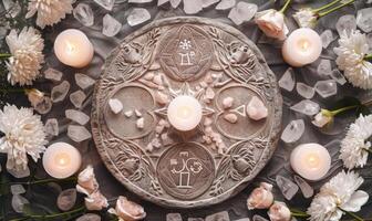 ai gerado astrológico símbolos em uma Preto pedra com velas e flores foto