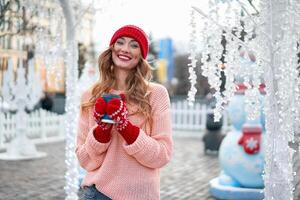 lindo adorável meia idade menina com encaracolado cabelo caloroso inverno suéter carrinhos fundo Cidade quadrado. foto