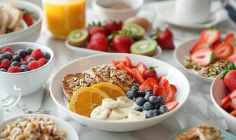 ai gerado saudável café da manhã com granola, bagas e frutas em branco mesa foto