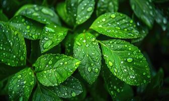 ai gerado pingos de chuva em fresco verde folhas, fechar acima Visão do Primavera verde folhas, natureza fundo foto