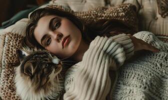 ai gerado lindo jovem mulher com uma gato dentro dela braços deitado em a sofá. foto