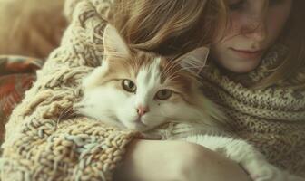 ai gerado fofa gengibre gato deitado dentro a braços do uma jovem mulher. foto