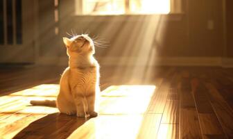 ai gerado uma gato é sentado em a chão dentro frente do a Sol. foto