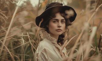 ai gerado retrato do uma lindo menina dentro uma chapéu dentro a campo. retro estilo. foto
