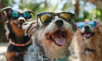 ai gerado cachorros com oculos de sol em ensolarado verão dia. cachorros dentro oculos escuros. viagem e turismo foto