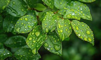 ai gerado pingos de chuva em fresco verde folhas, fechar acima Visão do Primavera verde folhas, natureza fundo foto