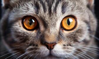 ai gerado fechar-se retrato do uma gato com amarelo olhos em uma Preto fundo foto