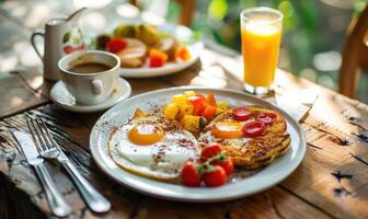 ai gerado café da manhã com frito ovos, fruta e laranja suco em de madeira mesa foto