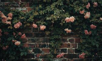 ai gerado lindo rosas em tijolo parede fundo com cópia de espaço. foto