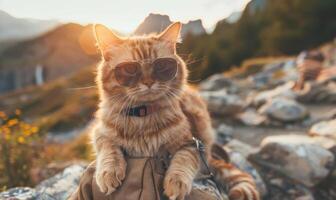 ai gerado fofa gengibre gato com oculos de sol em a fundo do montanhas e pôr do sol. foto