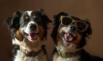 ai gerado dois australiano pastor cachorros com oculos de sol dentro frente do Castanho fundo foto