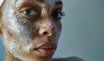 ai gerado lindo africano americano mulher aplicando face mascarar em cinzento fundo. pele Cuidado, beleza foto