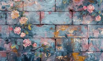 ai gerado Rosa rosas em velho branco tijolo parede fundo com grunge textura. cópia de espaço para texto. foto