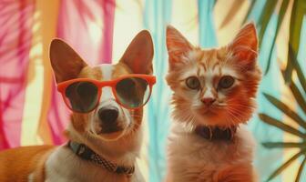 ai gerado fofa gato e cachorro com oculos de sol em a praia, vintage tom foto