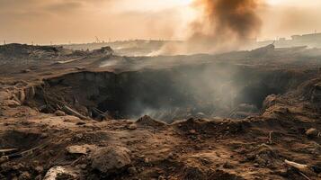 ai gerado a Pedágio do guerra uma sombrio cena do uma bombear cratera em cicatrizado terra, fumaça à deriva a partir de carbonizado edifícios, uma pungente símbolo do a custos do conflito. foto