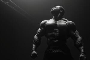 ai gerado majestoso pose do uma atleta fisiculturista exibindo muscular físico dentro uma dramático luz foto