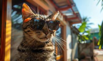 ai gerado retrato do uma malhado gato vestindo oculos de sol dentro a jardim. foto